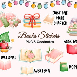 Puede incluir: Un conjunto de 10 pegatinas digitales con gnomos, libros y frases relacionadas con los libros. Las pegatinas están en estilo acuarela e incluyen frases como "Just One More Chapter" y "Book Worm".