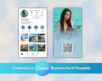 Travel Agent Business Cards, Instagram Business Card 2025, DIY Canva Business Card travel agent, QR code Business Card, Canva template