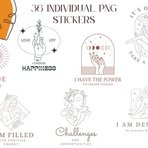 Op de afbeelding: Set van 36 digitale stickers met illustraties van vrouwen, harten, sterren, manen en inspirerende citaten. De citaten zijn: "Ik hou van mezelf", "Ik kies voor geluk", "Ik heb de kracht om verandering te cre&euml;ren", "Uitdagingen zijn kansen", "Het is ok&eacute; om een ​​pauze te nemen" en "Ik ben bestemd om mijn dromen te verwezenlijken".