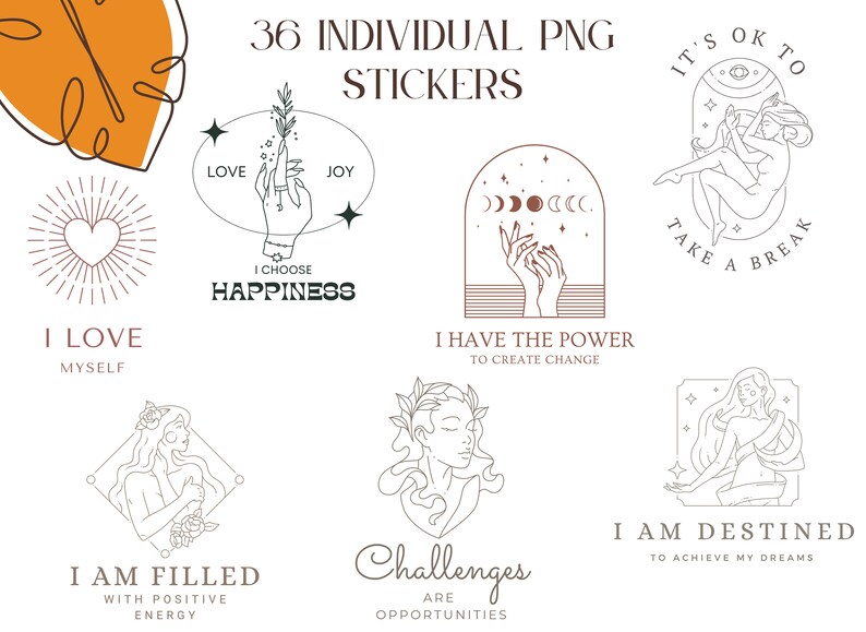 Op de afbeelding: Set van 36 digitale stickers met illustraties van vrouwen, harten, sterren, manen en inspirerende citaten. De citaten zijn: "Ik hou van mezelf", "Ik kies voor geluk", "Ik heb de kracht om verandering te cre&euml;ren", "Uitdagingen zijn kansen", "Het is ok&eacute; om een ​​pauze te nemen" en "Ik ben bestemd om mijn dromen te verwezenlijken".