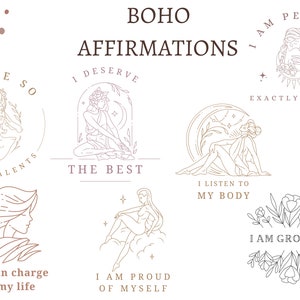 Op de afbeelding: Een set van tien boho-affirmaties met lijntekeningen van vrouwen en bloemmotieven. De affirmaties omvatten "Ik heb zoveel talenten", "Ik verdien het beste", "Ik ben perfect zoals ik ben", "Ik luister naar mijn lichaam", "Ik ben verantwoordelijk voor mijn leven", "Ik ben trots op mezelf" en "Ik groei".