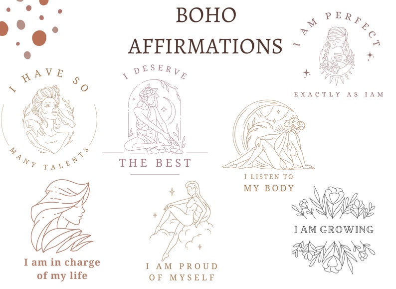 Op de afbeelding: Een set van tien boho-affirmaties met lijntekeningen van vrouwen en bloemmotieven. De affirmaties omvatten "Ik heb zoveel talenten", "Ik verdien het beste", "Ik ben perfect zoals ik ben", "Ik luister naar mijn lichaam", "Ik ben verantwoordelijk voor mijn leven", "Ik ben trots op mezelf" en "Ik groei".