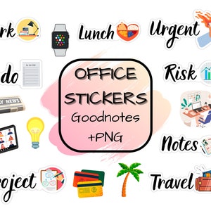 May include: A set of 14 colorful digital stickers for Goodnotes, featuring office-themed illustrations and text. The stickers include phrases like "Work", "To do", "Lunch", "Urgent", "Risk", "Notes", "Travel", and "Project".