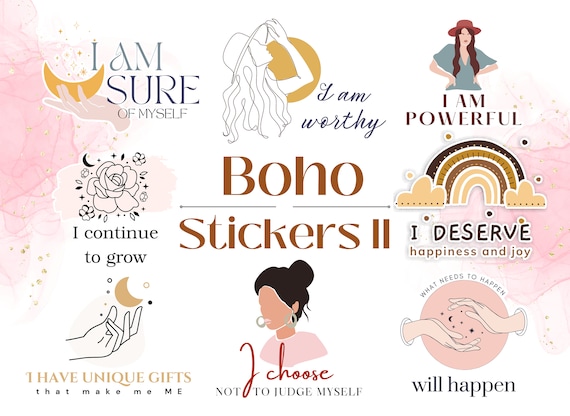 Bohemian Digital Affirmation Stickers for Planners: Pre-cropped PNG & GoodNotes Bundle