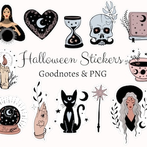 May include: A set of 12 Halloween stickers featuring various spooky and magical designs, including a witch, a cat, a skull, a candle, a crystal ball, a book, a teacup, and an hourglass. The stickers are perfect for adding a touch of Halloween magic to your planner, journal, or laptop.