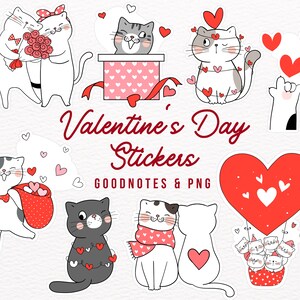 Pegatinas para planificador de gatos para el día de San Valentín: bonito conjunto de imágenes prediseñadas digitales para Goodnotes (precortadas)