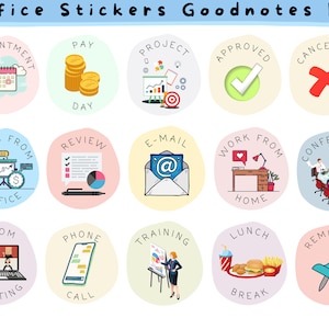 Pakket digitale Office-stickers voor GoodNotes: voorgesneden png-planner en werkorganisatie-elementen