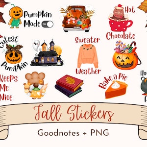 Pode incluir: Um conjunto de 12 adesivos digitais com tema de outono para Goodnotes e PNG. Os adesivos incluem abóboras, uma casa de bruxa, um suéter, uma xícara de chocolate quente, uma torta, um caldeirão e muito mais. O texto "Fall Stickers" e "Goodnotes + PNG" está incluído na imagem.