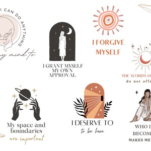 May include: A set of 10 printable digital illustrations featuring motivational quotes and abstract designs. The illustrations include a crescent moon, a sun, a woman standing in an archway, a woman sitting with her legs crossed, and hands holding a planet. The quotes include "I can do anything", "I set my mind to", "I grant myself my own approval", "I forgive myself", "The words of others do not affect me", "My space and boundaries are important", "I deserve to be here", and "Who I am becoming makes me proud".
