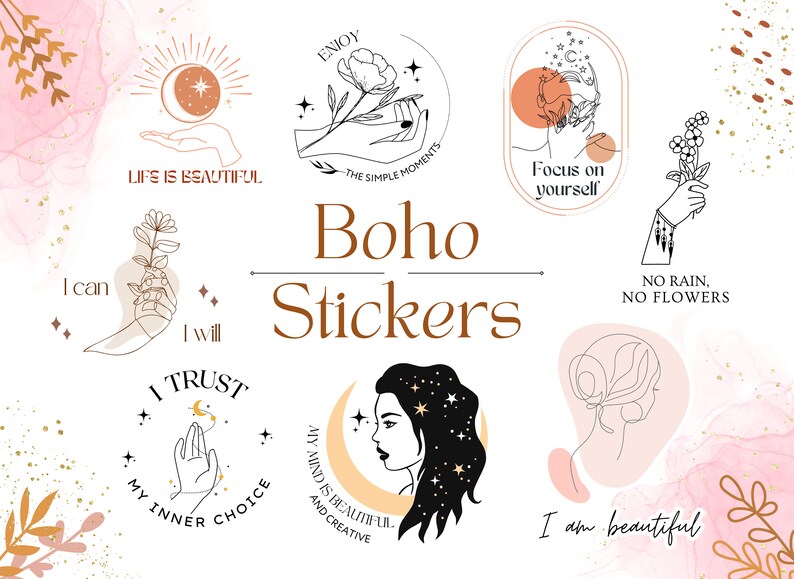Op de afbeelding: Een set van 10 boho-stijl stickers met verschillende ontwerpen en inspirerende citaten. De stickers bevatten handgetekende illustraties van bloemen, manen, sterren en handen. De citaten zijn: "Het leven is mooi", "Geniet van de simpele momenten", "Focus op jezelf", "Geen regen, geen bloemen", "Ik kan, ik wil", "Ik vertrouw op mijn innerlijke keuze", "Mijn geest is mooi en creatief", en "Ik ben mooi".