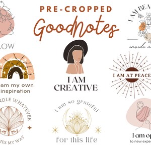 May include: A set of 9 pre-cropped Goodnotes stickers featuring illustrations of women, rainbows, flowers, and inspirational quotes. The quotes include "I Glow", "I am my own inspiration", "I can handle whatever comes my way", "I am creative", "I am so grateful for this life", "I am beautiful inside and out", "I am at peace", and "I am open to new experiences".