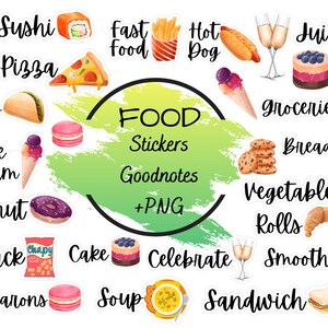 Può includere: Un set di adesivi colorati a tema cibo con bordi bianchi. Gli adesivi presentano vari cibi come sushi, pizza, tacos, gelato, ciambelle, torta, zuppa, panini e altro ancora. Gli adesivi includono anche testo come "Food Stickers", "Goodnotes" e "+PNG".