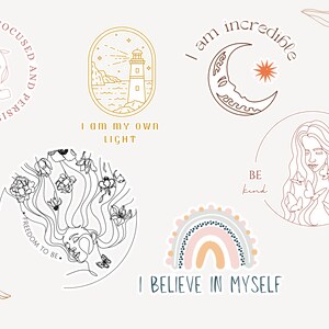 Op de afbeelding: Een set van tien printbare stickers met positieve affirmaties en illustraties. De stickers tonen een vuurtoren, een maan, een regenboog, een vrouw met bloemen in haar haar en een hand met een bloem. De tekst op de stickers is: "Ik ben gefocust en volhardend", "Ik ben mijn eigen licht", "Ik ben ongelooflijk", "Wees aardig", "Ik geloof in mezelf" en "Vrijheid om te zijn."