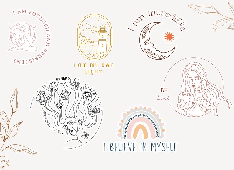 Op de afbeelding: Een set van tien printbare stickers met positieve affirmaties en illustraties. De stickers tonen een vuurtoren, een maan, een regenboog, een vrouw met bloemen in haar haar en een hand met een bloem. De tekst op de stickers is: "Ik ben gefocust en volhardend", "Ik ben mijn eigen licht", "Ik ben ongelooflijk", "Wees aardig", "Ik geloof in mezelf" en "Vrijheid om te zijn."