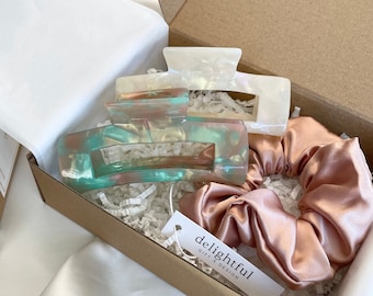 3-Pack Scrunchy + Hair Clip SET, Rose Gold Hair Accessory Gift Set With Luxury Mulberry Silk Scrunchies