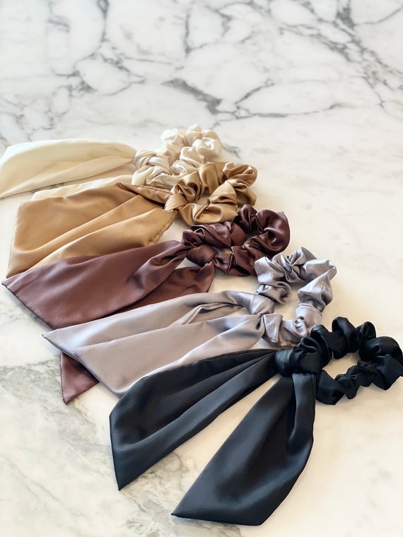 Pack of 2 Knotted Bow Hair Scrunchies Elastic Hair Scarf Hair Ties Bands  Silky Satin Hair Ribbon Scrunchy Ponytail Holder for Women and Girls (White)  