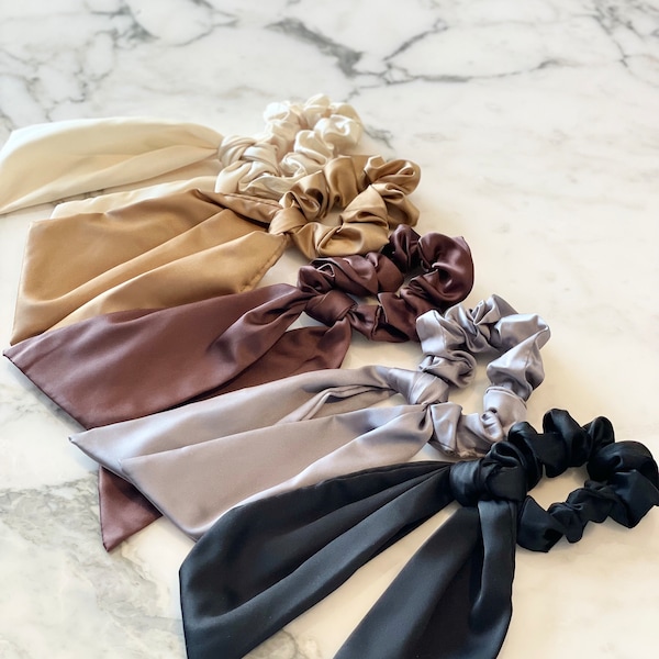 Satin Ribbon Bow Scrunchies, Ponytail Bow Hair Scarf, Satin Elastic Hair Tie