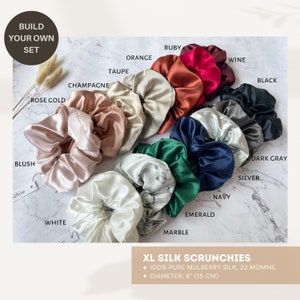 3-Pack Build Your Own Silk Scrunchie SET, 100% Mulberry Silk Scrunchy, Silk Hair Tie Made in USA Any 3 (size XL)
