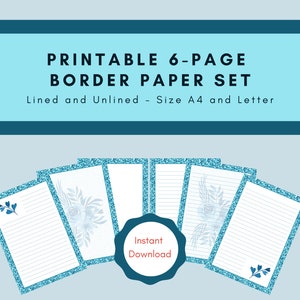 Papel imprimible &quot;Glitter Flower&quot; / rayado y sin forro / versiones A4 y carta / azul