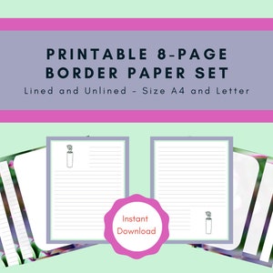 Printable paper &quot;Soothing Succulent&quot; | lined and unlined | A4 and letter versions | purple and green