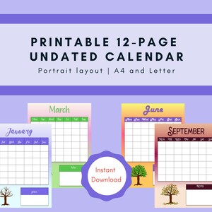 Undated Calendar | Tree design | Printable | Portrait | A4 and Letter