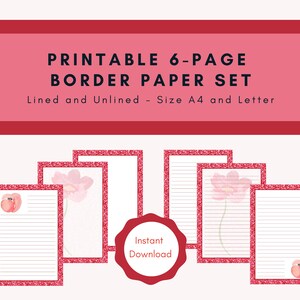Papel imprimible &quot;Glitter Flower&quot; / rayado y sin forro / versiones A4 y carta / rojo