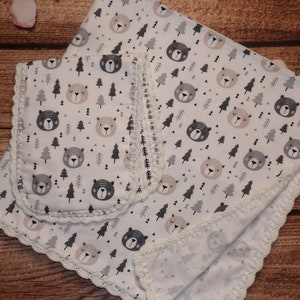 Flannel baby receiving blanket and burp cloth set with crochet edge, single layer 36 x 36 inches/crochet baby swaddle/baby shower gift