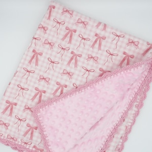 Flannel receiving blanket with crochet edge and Minky fleece/double-sided 30x34-inch baby blanket/baby shower gift/baby swaddle/pink bows