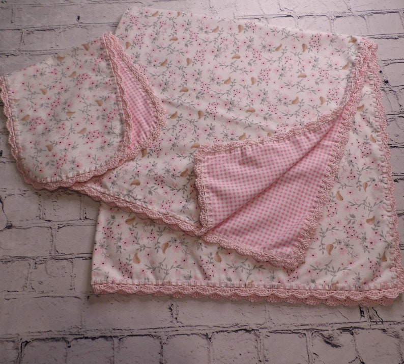 Crochet Edge Flannel Baby Blanket and Burp Cloth Gift Set/baby Shower