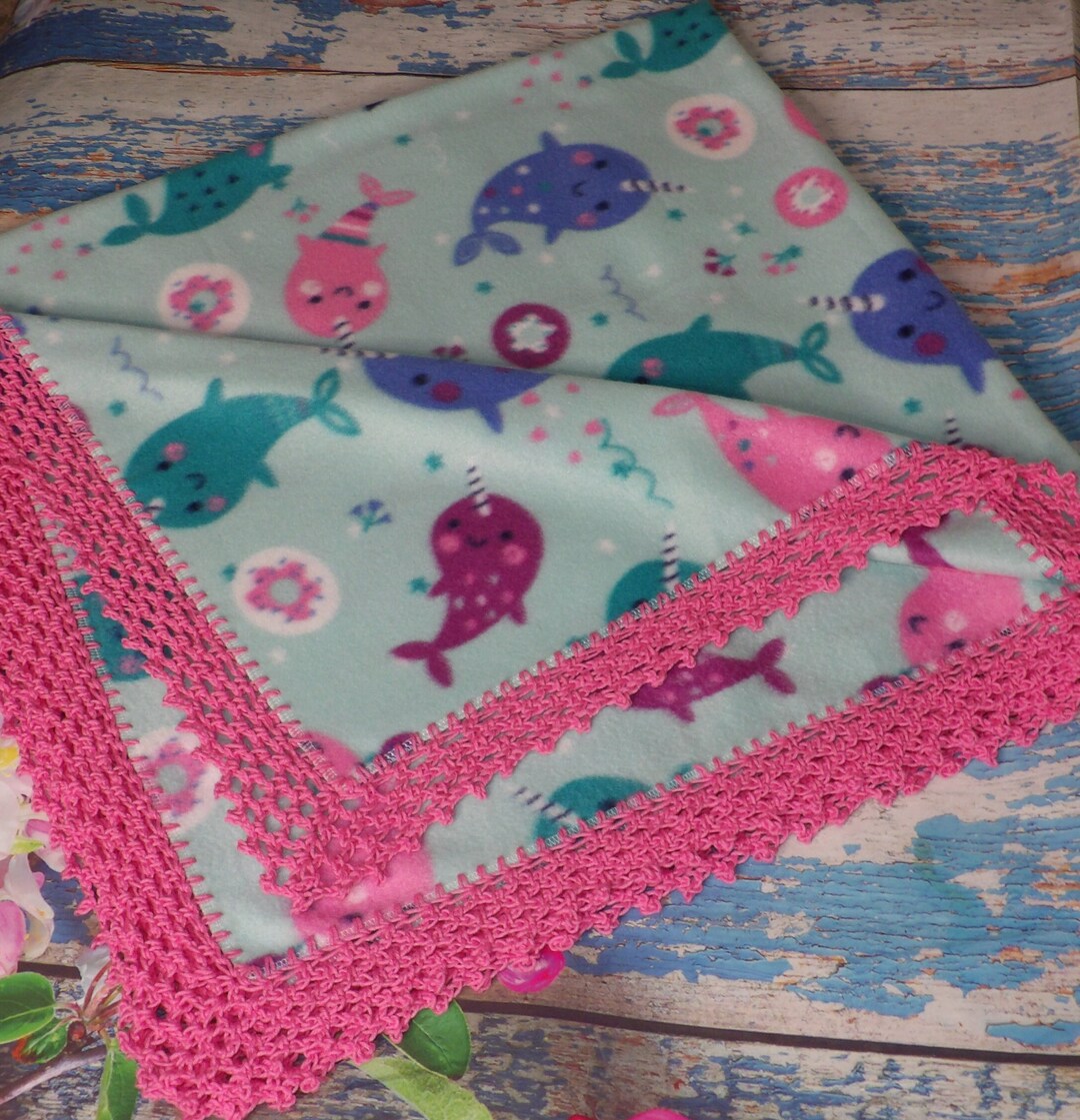 Fleece Baby Blanket With Crochet Edge/crochet Border/crochet Hem