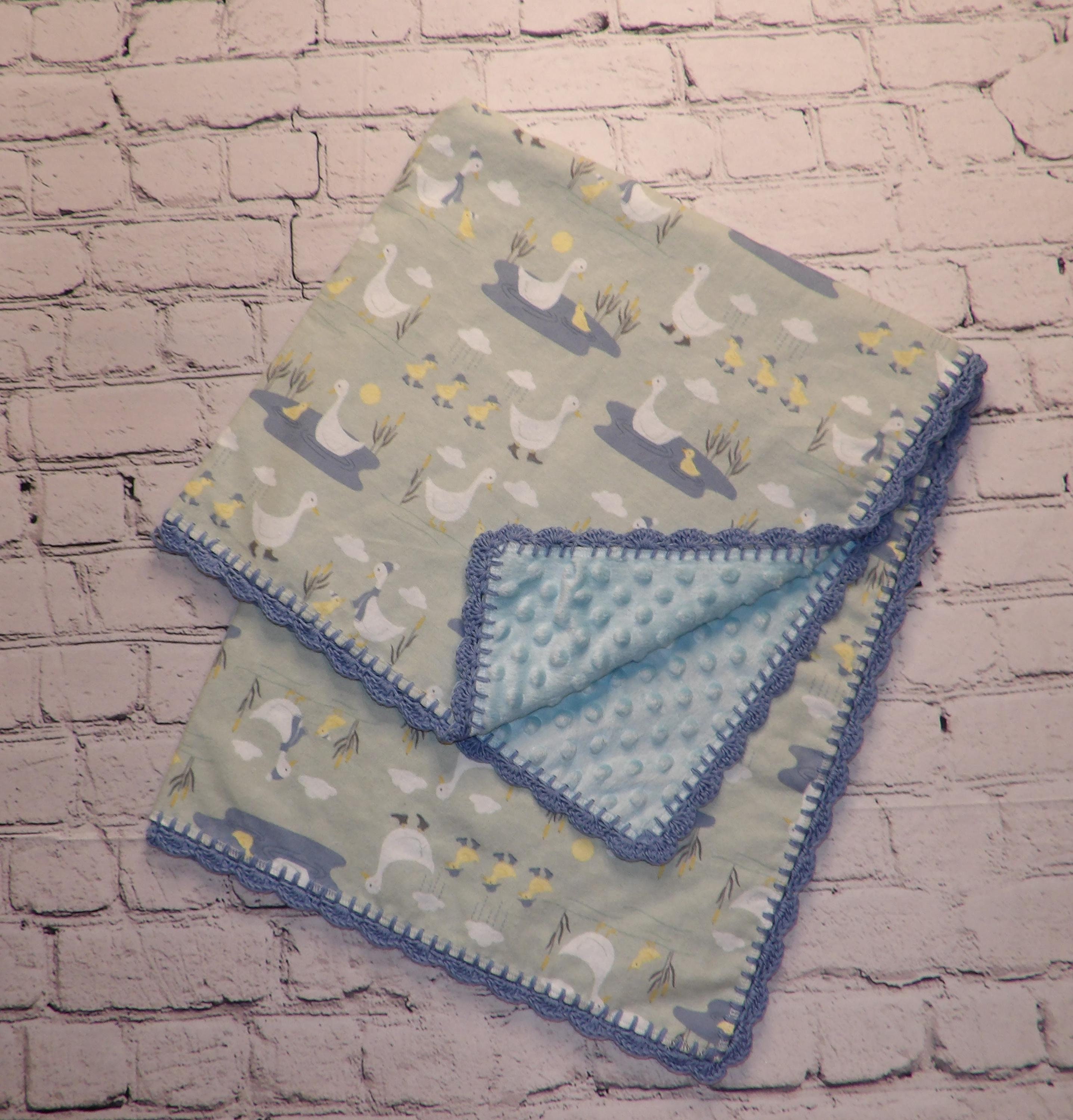 Flannel receiving blanket with crochet edge and Minky fleece/double-sided 30 x34-inch baby blanket/baby shower gift/gender-neutral baby gift