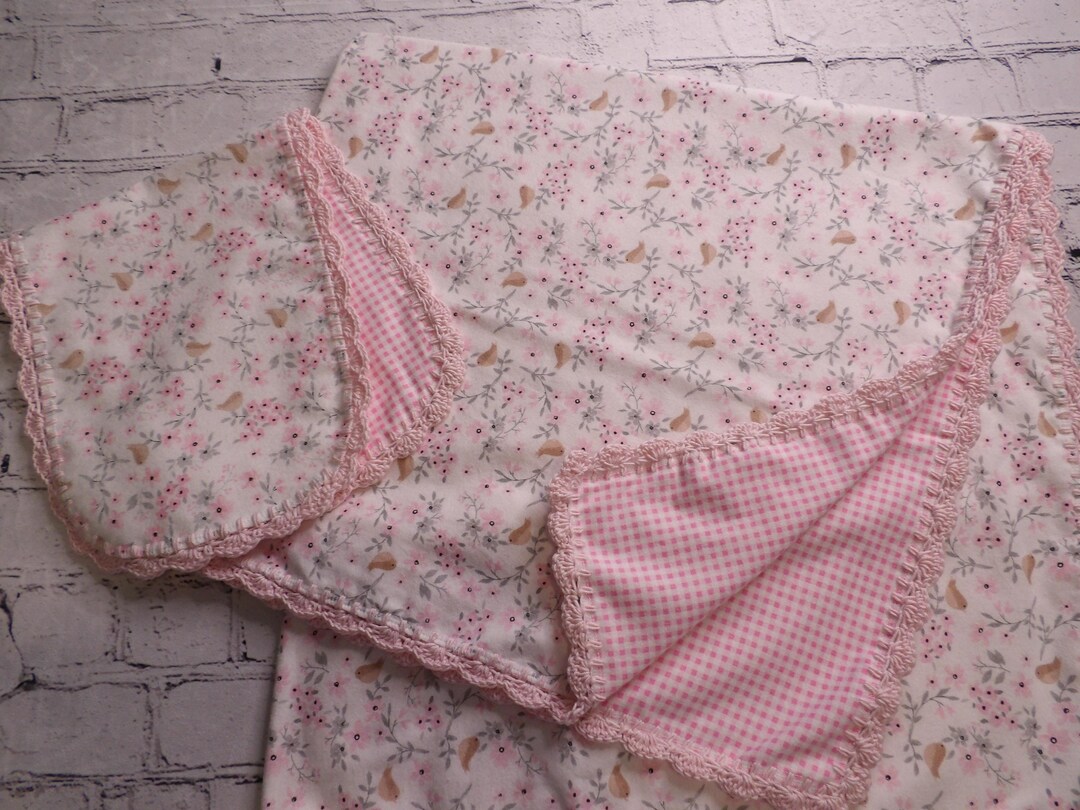 Crochet Edge Flannel Baby Blanket and Burp Cloth Gift Set/baby Shower