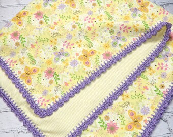 Flannel baby receiving blanket with crochet edge, crochet edge baby blanket/baby shower gift/flannel baby swaddle double-sided 36 x 36 inch