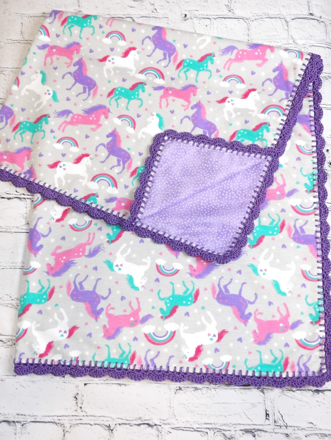 Flannel Baby Receiving Blanket With Crochet Edge, Doublesided 36 X 36