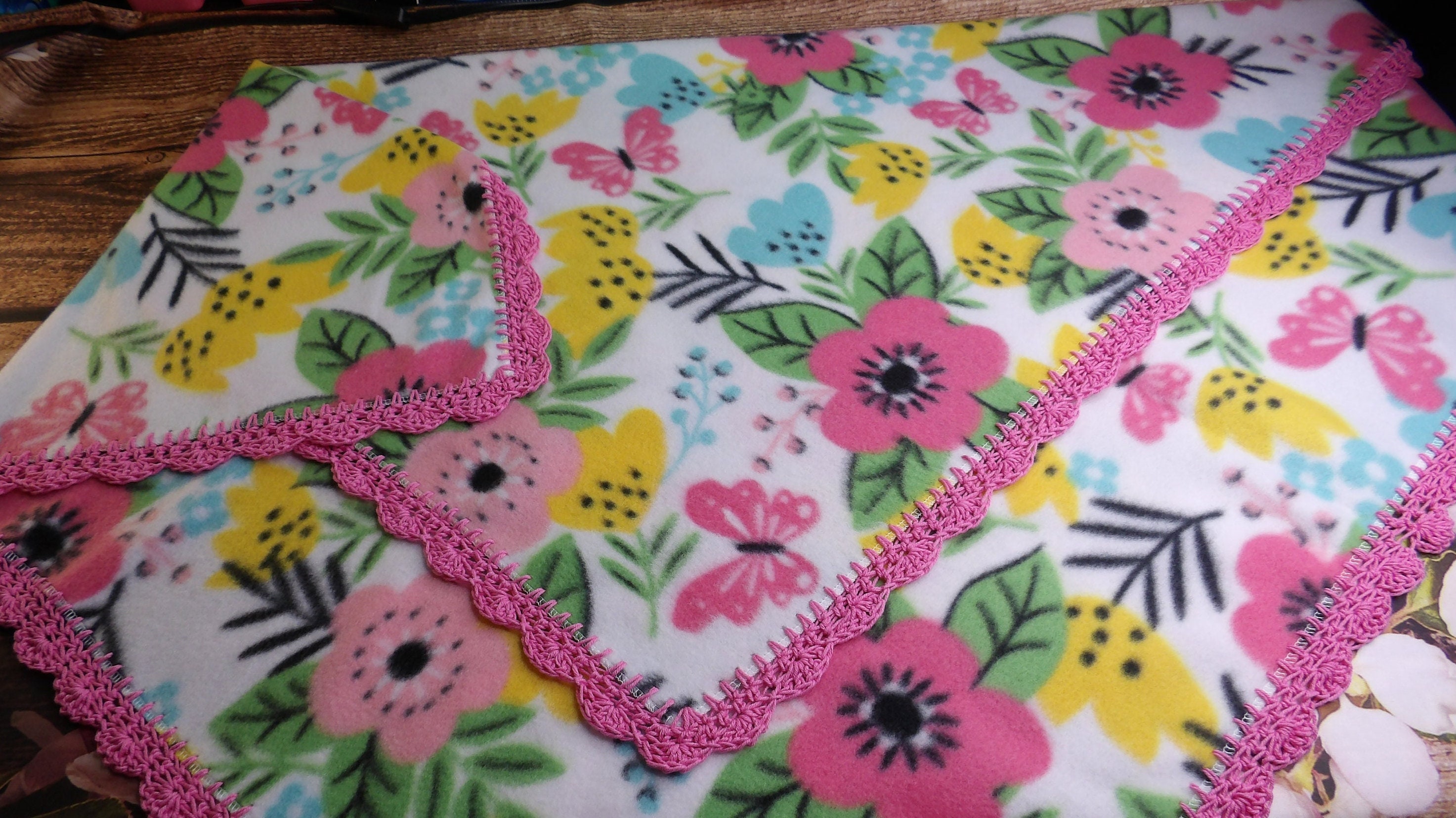 Fleece Baby Blanket With Crochet Edge/crochet Trim/crochet Hem/crochet