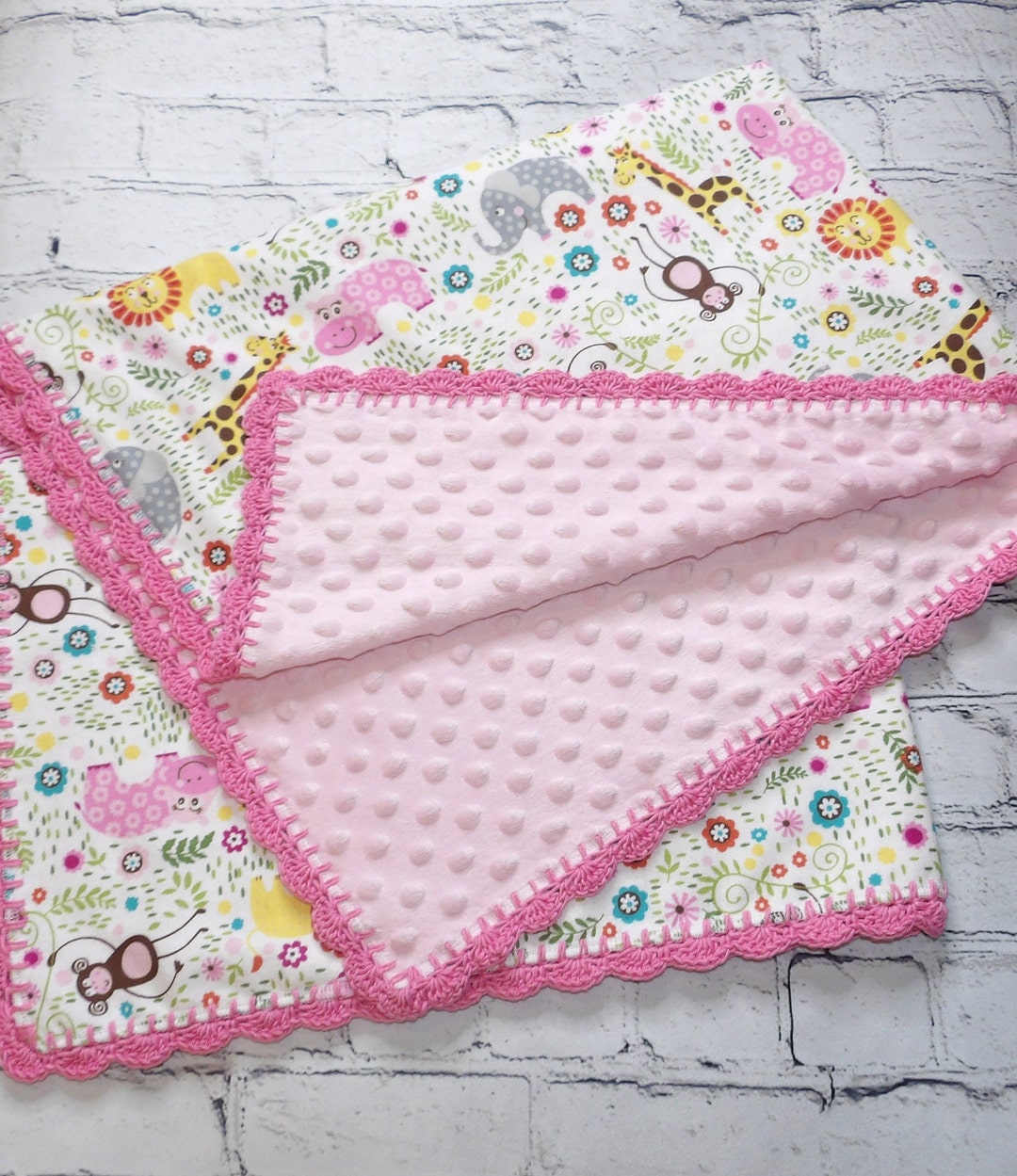 Flannel Receiving Blanket With Crochet Edge and Minky Fleece/double