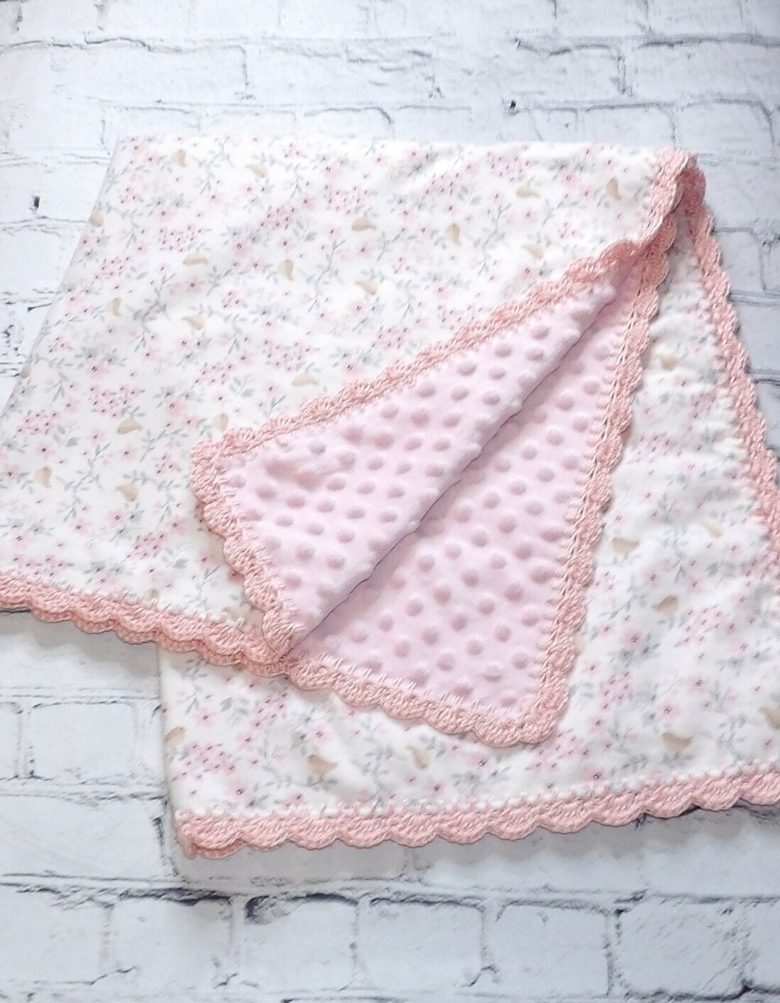Flannel Receiving Blanket With Crochet Edge and Minky Fleece/double