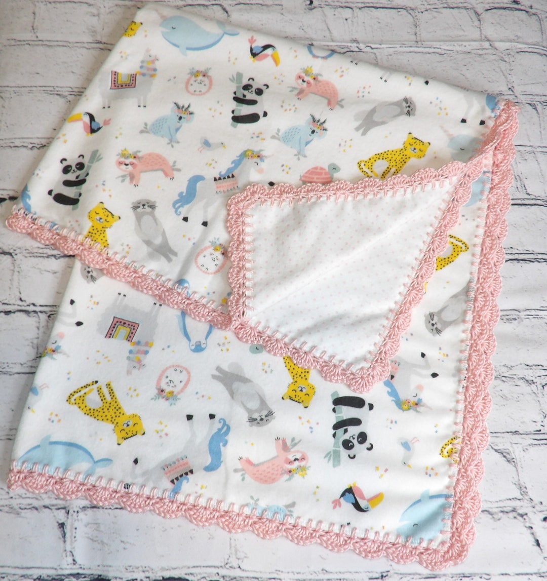 Flannel Receiving Blanket With Crochet Edge/doublesided/30x30 Inches