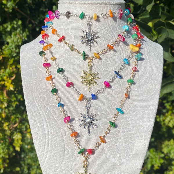 Colorful Crystal Chain Necklaces | Rainbow Crystal | Necklace | Gemstone Necklace | Crystal Necklace | Sun Charm | Silver | Gold