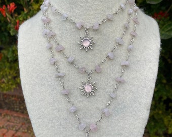 Rose Quartz Crystal Silver Chain Necklace | Crystal | Sun Jewelry | Rose Quartz | Silver Jewelry | Necklace | Gemstone Necklace | Sun