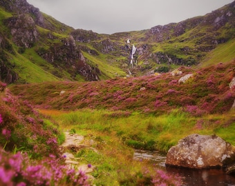 Highland Heather in Bloom with a Waterfall, Scotland, Digital Print Download, Printable Wall Art, Romantic Art