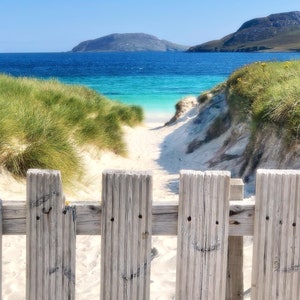 Smiling Fence Post on a Beach in the Outer Hebrides, Scotland, Digital Print Download, Printable Wall Art, Ocean, Happy, Scottish Highlands