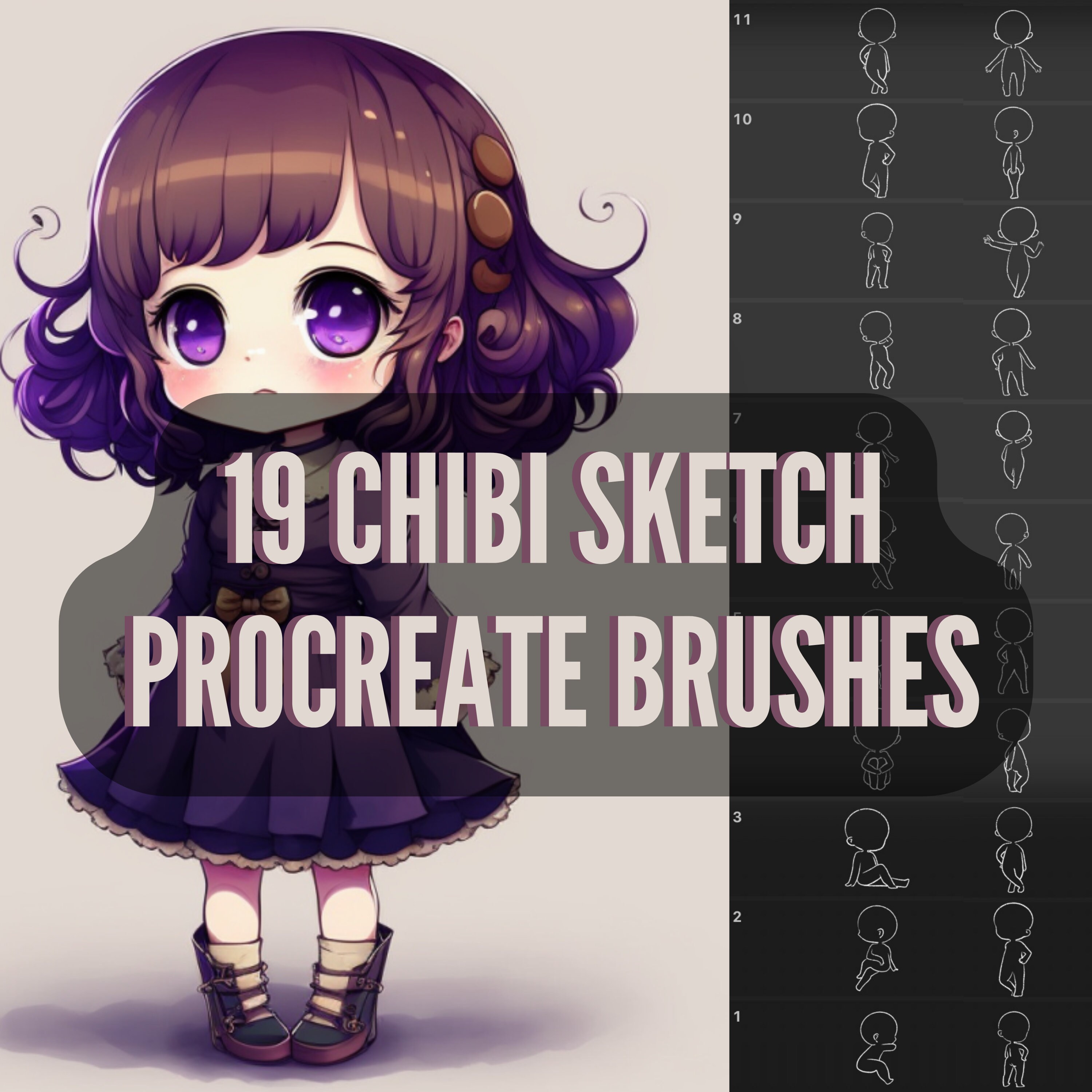 19 Chibi Procreate Brush Sketches Chibi Body Guide Stamps Etsy
