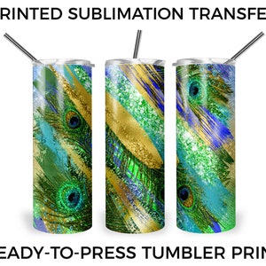 Glitter Peacock Feather Milky Way Printed Sublimation Design Transfer, 20 oz Tumbler, Ready-to-Press Design, Heat Transfer