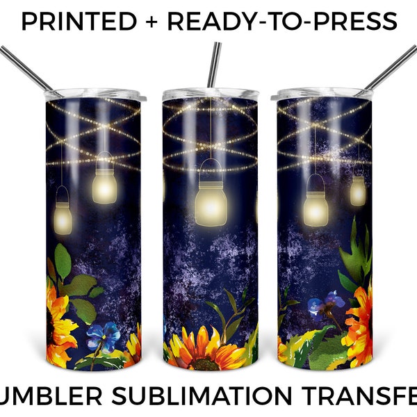 Navy Sunflowers & Mason Jar Lights | 20 oz Tumbler Sublimation Transfer | Printed Sublimation Design | Ready-to-Press Design | Heat Transfer