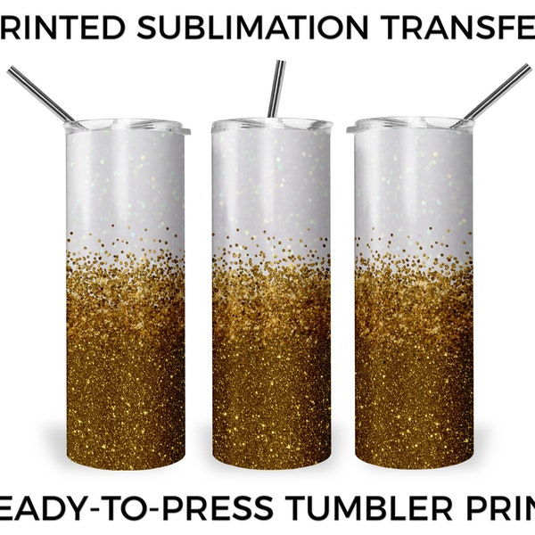 White and Gold Ombre Glitter Printed Sublimation Design Transfer, 20 oz Tumbler, Ready-to-Press Design