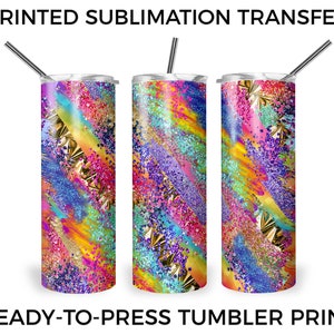 Rainbow Glitter and Gold Strokes Milky Way Printed Sublimation Design Transfer, 20 oz Tumbler, Ready-to-Press Design, Heat Transfer