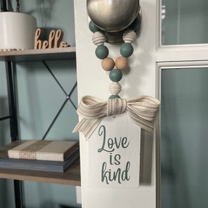 Love is kind door knob hanger, year round decor, Christian decoration, minimalistic, simple and pretty, door tag beads, blue and white