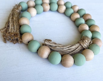 Sage Wooden Bead Garland | Rustic Fall Farmhouse Garland with Tassels | Neutral Boho Bead Garland | Table Runner | Simple Green Decor