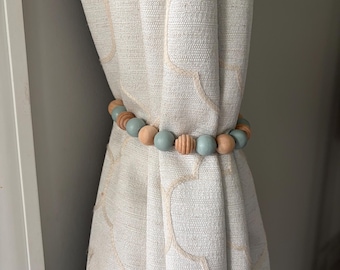 Wood Bead Curtain Tieback | Light Blue & Natural | Boho Coastal Home Decor | Handcrafted Curtain Holders | Farmhouse Style